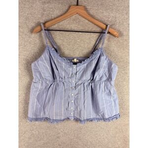 Aerie Tank Top Womens Large Blue White Striped Button Up Ruffle Lace Trim Cotton